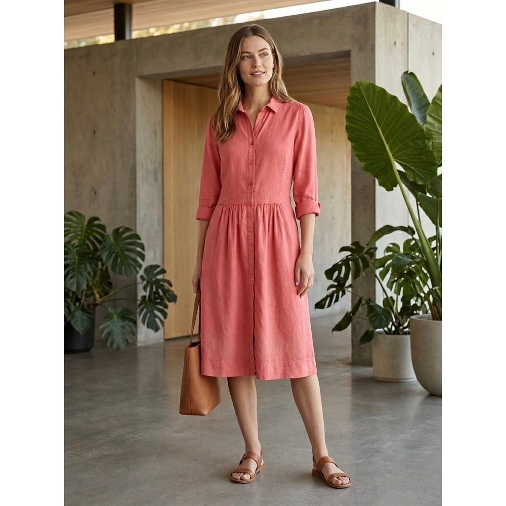 Eileen Fisher Coral Pink Linen Blend Button Front Shirt Dress Size Small